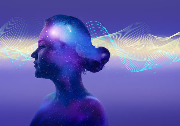 Brain activity illustrated as a young woman portrait merging with the universe and digitally generated waves.